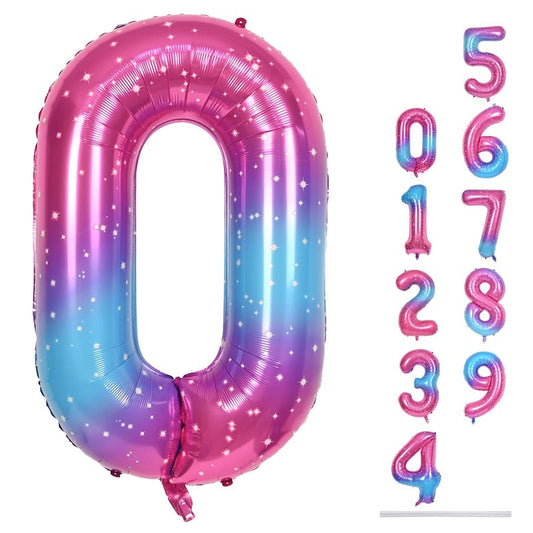 40 In Rianbow Large Numbers Balloons 0-9, Self Inflating Gradient Blue Pink Foil Number 0 Helium Balloons for Girls, Starry Digit 0 Balloons for Women Birthday Party Anniversary Supplies Decorations