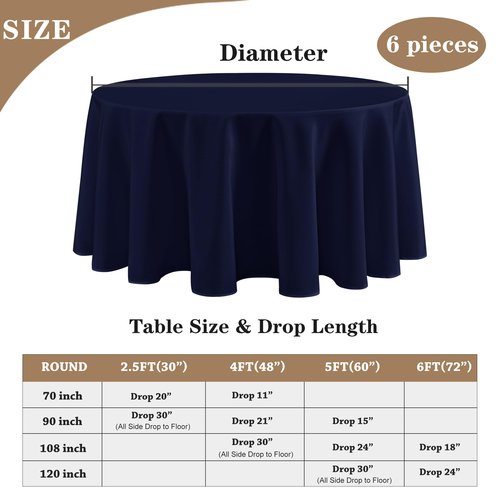 Fitable 6 Pack Navy Round Table Clothes - 90 Inches in Diameter - Stain Resistant and Washable Tablecloths, Polyester Fabric Table Covers for Wedding, Party, Banquet, Gathering