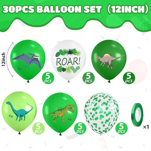 Dinosaur Balloons, 12 Inch Fruit Lime Dark Green White Confetti Balloons with Dinosaur Printed Pattern for Boys Jungle Theme Birthday Party Safari Woodland Baby Shower Decorations