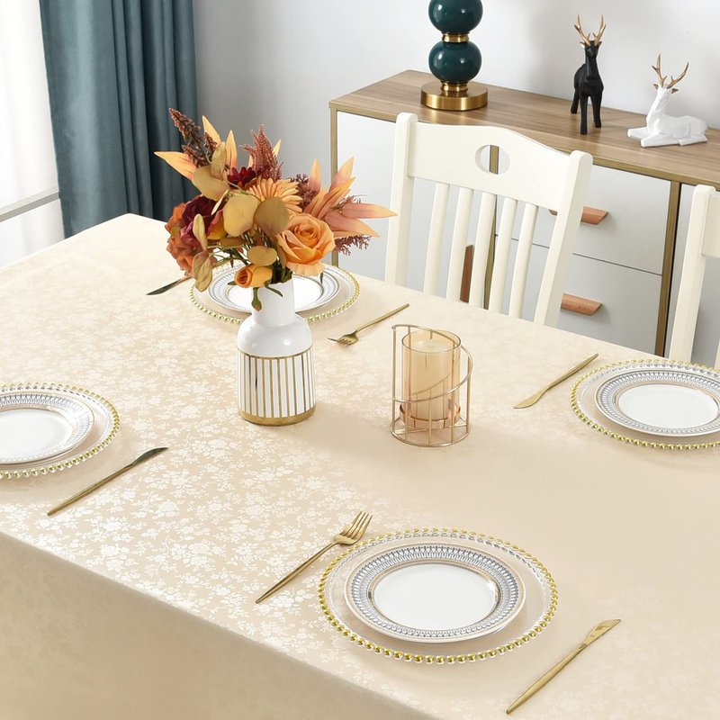Romanstile Vinyl Tablecloth Rectangle, 100% Waterproof Outdoor Heavy Duty Thick Table Cloth with Flannel Backing, Wipeable Plastic PU Table Cover for Picnic Dining Party (Rose Beige, 60 x 84)