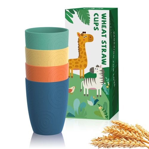 Homienly Plastic Cups Alternative Wheat Straw Drinking Glasses 4-Pack | 12 oz Unbreakable & Reusable Plastic Cups, Microwave Safe | Everyday Kids Tumblers & Kitchen Accessories (Multi-Color)