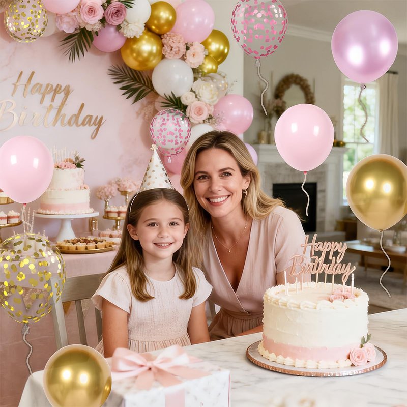 Pink Gold Balloons Set, 12 Inch Pink White Latex Balloons Pink Confetti Helium Balloons Pink and Metallic Gold Party Balloons for Bridal Baby Shower Wedding Girl Women Birthday Decorations
