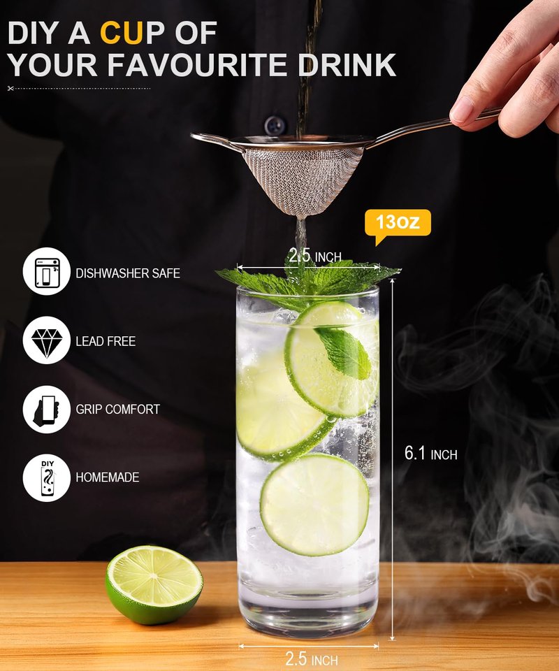 LUNA & MANTHA Drinking Water Glasses Set, Lead-Free Crystal Highball Glass, Tall Glass Cups for Cocktail Parties,Clear set of 6,13oz