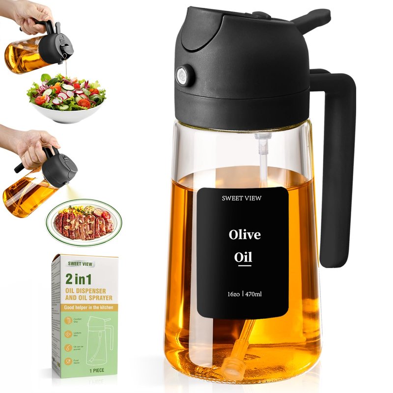 SWEET VIEW Olive Oil Sprayer for Cooking, 16oz/470ml Glass Oil Dispenser/Pour Bottle, Kitchen Accessories, Kitchen Gadgets for Air Fryer, Salad, BBQ, with Stickers (Black)
