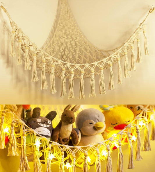 Skiennix Stuffed Animal Toy Storage Hammock with LED Light - Jumbo Macrame Plushie Organizer for Kids' Room Decor