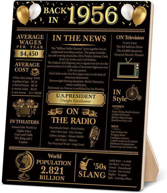 Back in 1956 - 70th Birthday Party Decorations | Black and Gold Wooden Sign & Table Favors