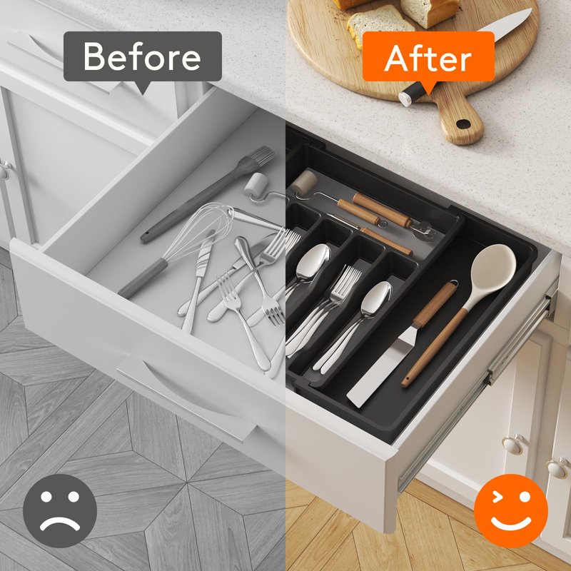 Lifewit Silverware Drawer Organizer, Expandable Utensil Tray for Kitchen, BPA Free Flatware and Cutlery Holder, Adjustable Plastic Storage for Spoons Forks Knives, 33 -57 x 42cm, Black and Gray