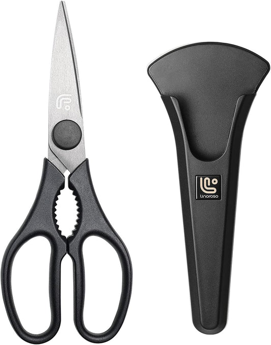 Linoroso Kitchen Shears - Heavy Duty Scissors with Magnetic Holder | Dishwasher Safe, Japanese Steel for Meat & Vegetables, Black