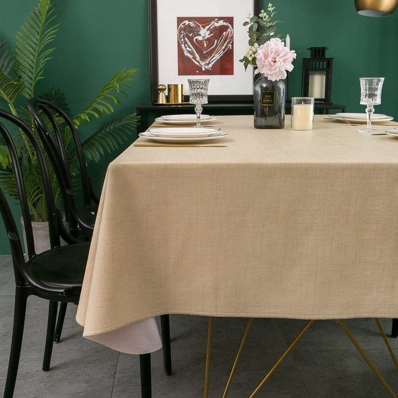 Pioggia Vinyl Tablecloth with Flannel Backing Rectangle Waterproof Oil-Proof Plastic Table Cloth Wipeable PVC Table Cover for Indoor and Outdoor (Beige, 60 x 102 Inch)