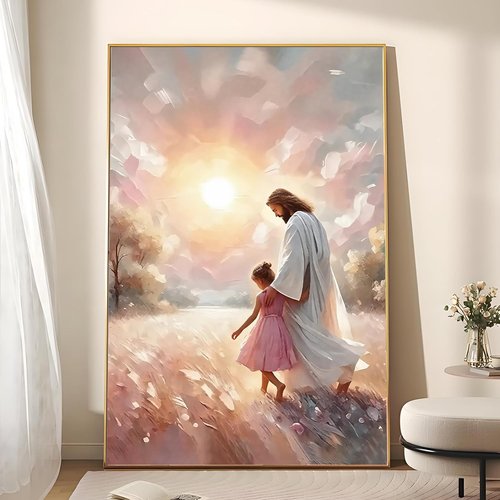 Jesus & Children Canvas Art Print - Soft Pink Sunset Wall Decor for Nursery | 16x24 in