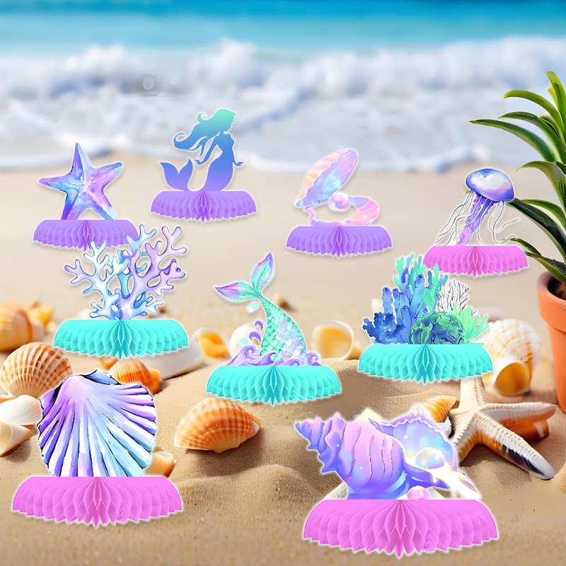 Oiuyamn 9 PCS Mermaid Theme Party Decorations, Ocean Mermaids Centerpieces for Tables Honeycomb Centerpiece, 3D Sea Party Supplies for Birthday Decor