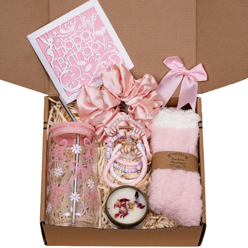 Ndahjahd Birthday Gifts for Teen Girls Best Christmas Ideas Box w/Coquette Bow Aesthetic Cup Trendy Stuff for Her Teen Girl Sister Friend Friendship Sweet 16th 18th 21st Bday(Pink Bow Gifts)