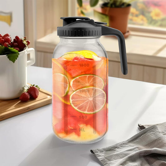 64 Oz Glass Pitcher with Lid, 2 Quart Heavy Duty Cold Brew Pitcher, Leak-Proof, Wide Mouth Mason Jar with Pouring Airtight Lid,Ideal for Fridge Storage