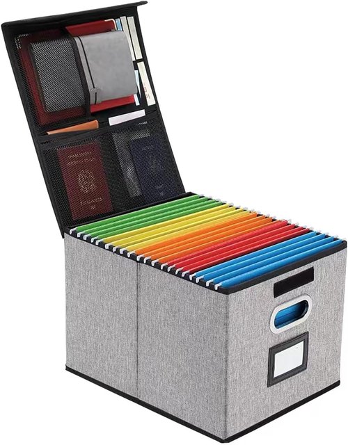 EXLIFBAG Collapsible Filing Storage Box - Modern Gray Design, 16 Compartments, 11 x 12 x 14.75 Inches