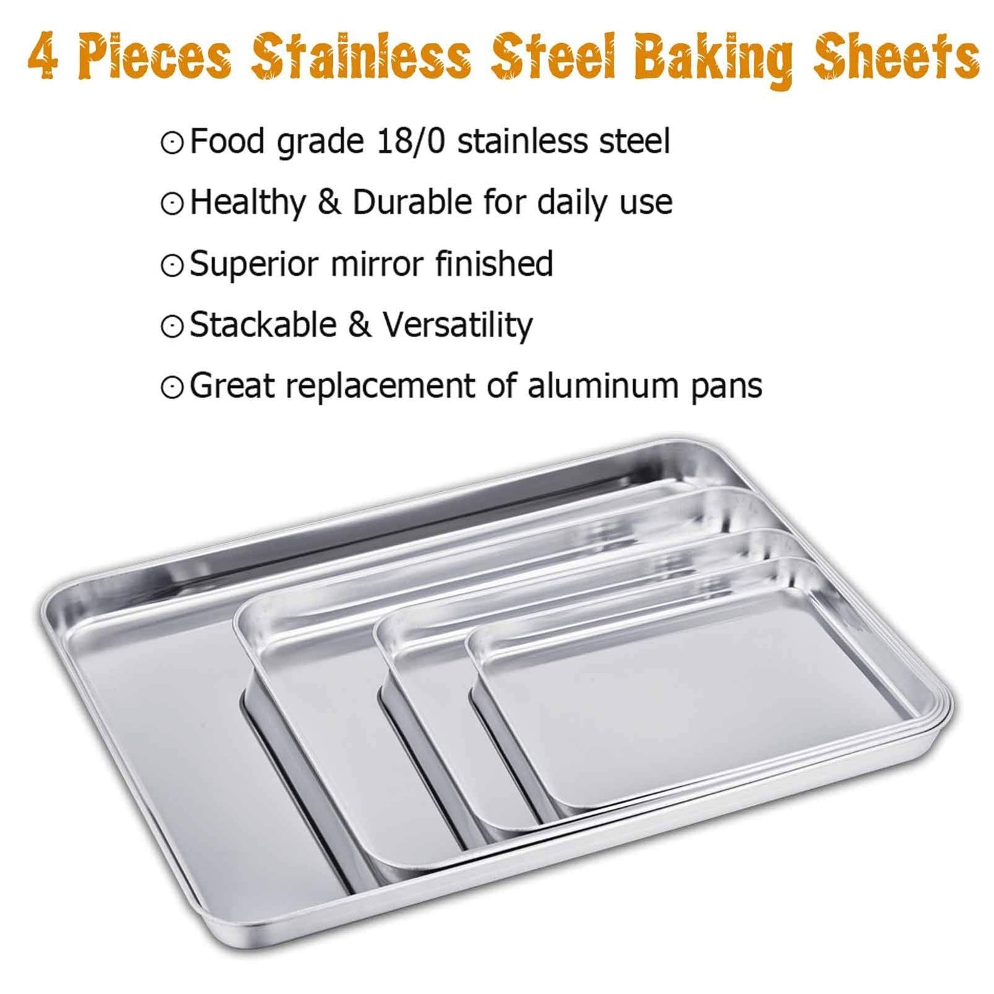 TeamFar Baking Sheet Set of 4, 16/12.5/10/9.3 Inch Stainless Steel Baking Pan Tray Cookie Sheet, Non Toxic & Healthy, Rust Free & Easy Clean - Dishwasher Safe