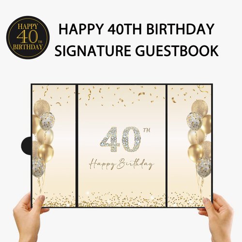 DARUNAXY Black Gold 40th Birthday Party Decorations, Happy 40th Birthday Alternative Signature Guest Book for Men Women 40 Years Old Table Sign Picture Frame Gift 40 Birthday Card Board Party Supplies