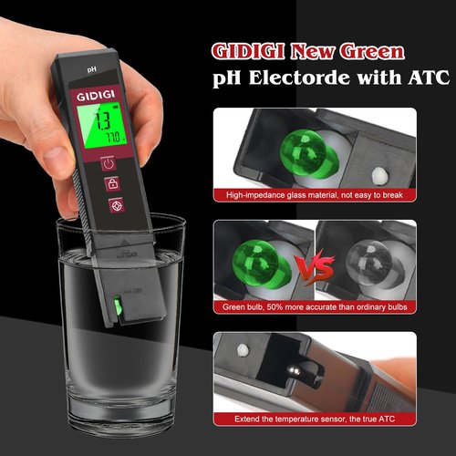 GIDIGI Digital pH Meter High Accuracy UL-Certified Water Tester with 6 Packs Calibration Powders Color LCD Backlit Display with pH Test Strip for Pools Hydroponics Aquariums Hot Tubs Drinking Water