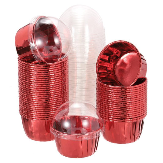 uxcell 50 Pcs Double-sided Aluminum Foil Cupcake Liners with Lids, Greaseproof Muffins Baking Cupcakes for Wedding Birthday Party Decoration, Red (Round)