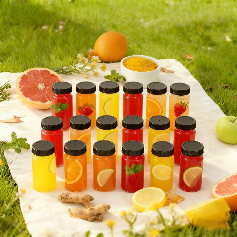12 Pack 2 oz Glass Shot Mini Bottles with Black Lids - Reusable Leakage-Proof Small Clear Jar for Ginger, Wellness Shot, Juice, Sample, Whiskey, Essentials - Wide Mouth Containers, Dishwasher Safe