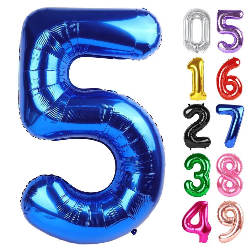 Metallic Blue Number 5 Balloon 40 Inch, 5th Birthday Party Decorations for Children, Giant 5 Foil Balloon for Party Supplies
