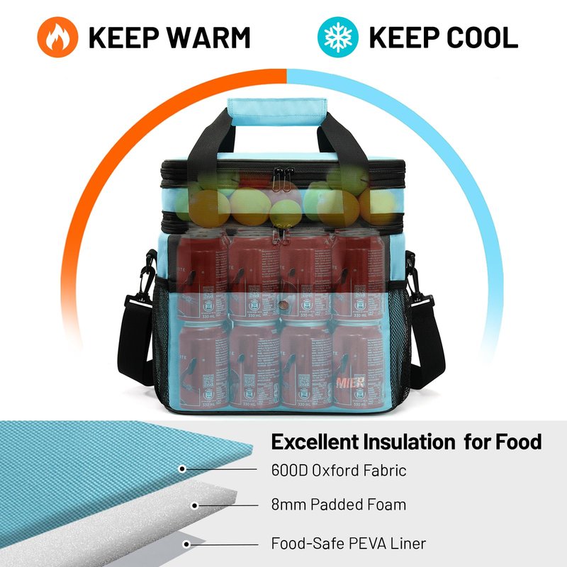 MIER Expandable 24L Lunch Bag Double Layer Insulated Cooler Tote Soft Cooler Bags 30Can Mens Adults Lagre Leakproof Lunch Boxes for Work, Picnic, Camping, Travel, Light Blue