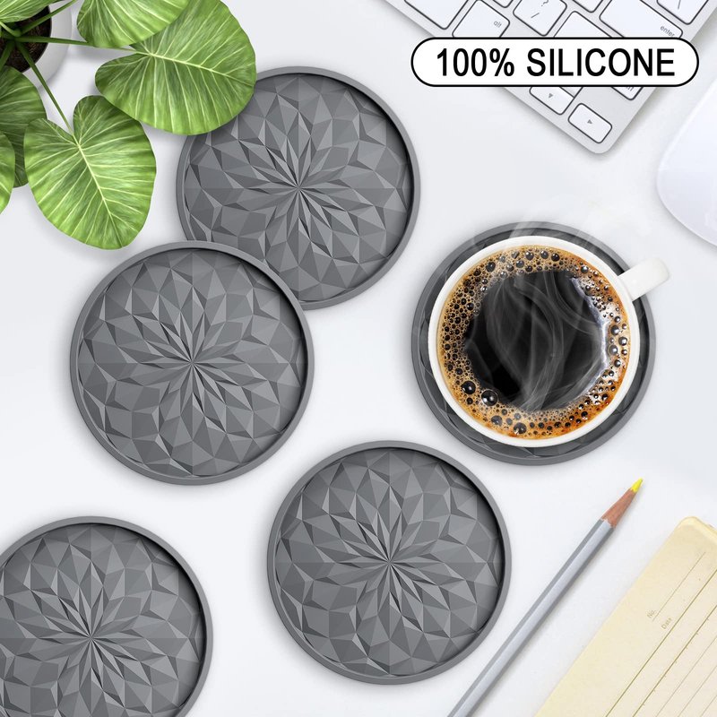 ME.FAN Silicone Coasters with Holder,[6 Pack] Drinking Coasters - Cup Mat for Hot or Cold Drinks, Thickened, Non-Slip, Non-stick,Deep Tray Dark Grey