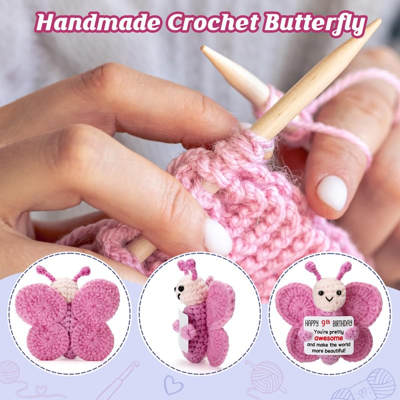 Weming Pink Crochet Butterfly 9th Birthday Gift, Handmade 4" Amigurumi Plush with “Happy 9th Birthday” Sign, Cute Small Stuffed Butterfly for Girls Daughter Granddaughter Tween Desk Decor