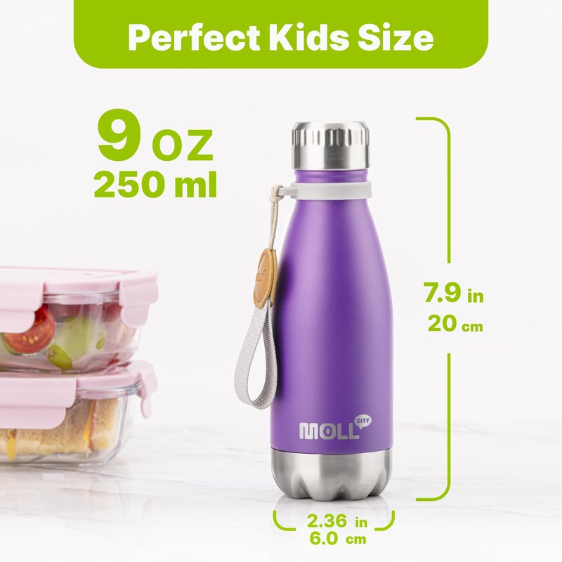 Mollcity 9 oz Water Bottle Stainless Steel Double Wall Vacuum Insulated Sports Water Bottle for Kids, Small Mini Cola Shape Water Bottle Leak Proof (Purple-Royal Blue)