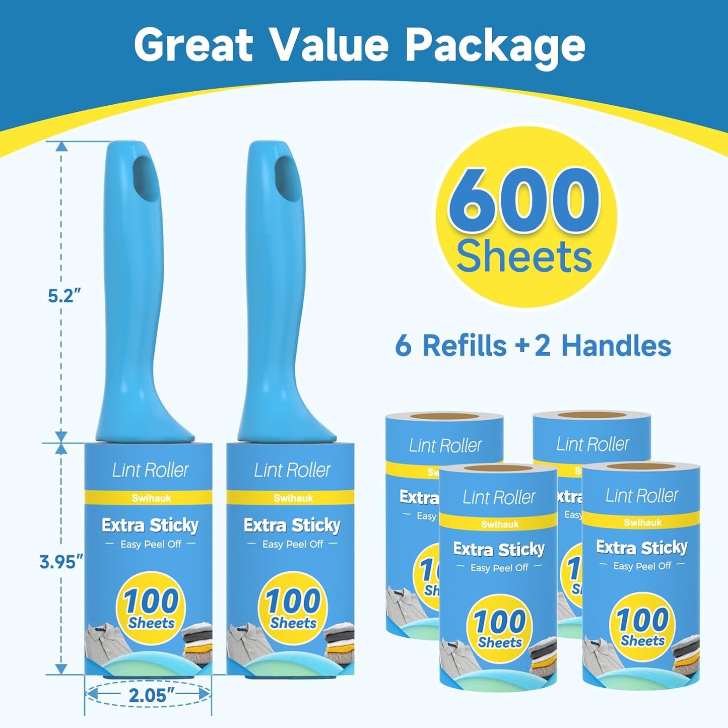Swihauk Lint Roller - 600 Sheets Extra Sticky Pet Hair Remover | Ergonomic Handle for Clothes & Furniture