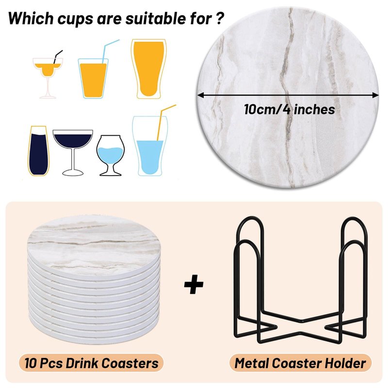 Caffox Coasters Set of 10, Absorbent Drink Coasters with Holder, Marble Style Ceramic Coaster for Wooden Table, Home Decor, 4 Inches(Griege)