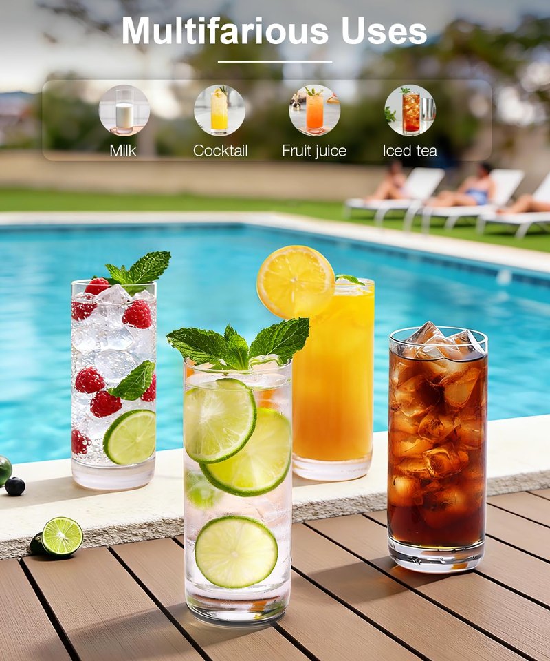LUNA & MANTHA Drinking Water Glasses Set, Lead-Free Crystal Highball Glass, Tall Glass Cups for Cocktail Parties,Clear set of 6,13oz