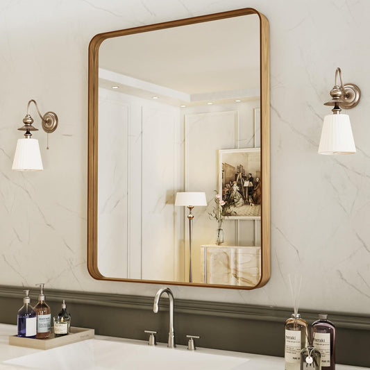LOAAO Bathroom Mirror - 24x36 Inch Rounded Rectangle with Wood Grain Metal Frame | Anti-Rust, Versatile Hanging Options