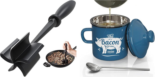 Skiennix Black Meat Chopper - 15oz Mini Blue Bacon Grease Container for Easy Cooking Cleanup