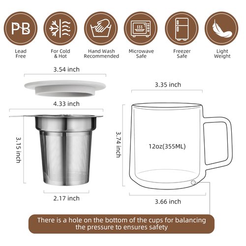 CNGLASS 12oz Double Walled Glass Tea Cup with Stainless Steel Infuser and Lid,Borosilicate Glass Tea Infuser Mug for Loose Tea,Teabag,Set of 1