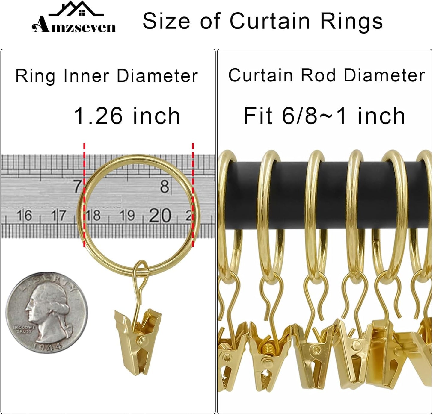 Skiennix Curtain Rings - 40 Pack Drapery Clips with 1.26" Interior Diameter - Gold Finish