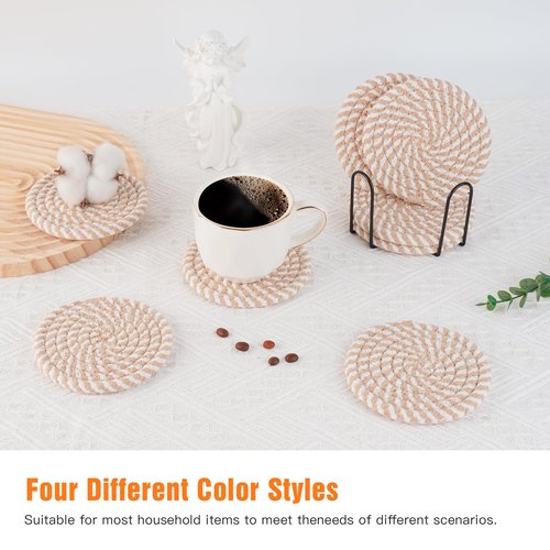 Cotton Woven Coasters with Holder - Absorbent Coasters Set of 8 for Table Protection, Home Decor, Glasses, Cups, Bar, Housewarming Gift