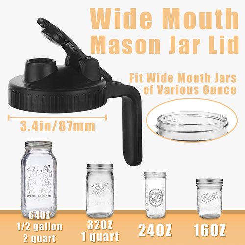 FyndraX Wide Mouth Mason Jars Pour Spout Lids, Wide Mouth Mason Jars Pitcher Flip Cap Airtight Handle Lid, Leak Proof Seal Cover, Pack of 4