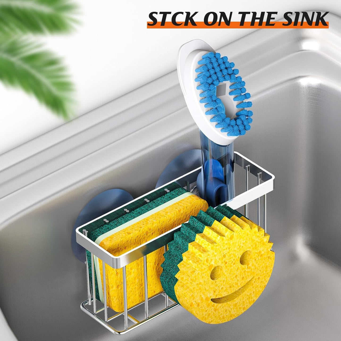 MURLONG Sponge Holder - Smiley Face Sink Caddy with 2 Suction Cups & Adhesive Strip | Silver
