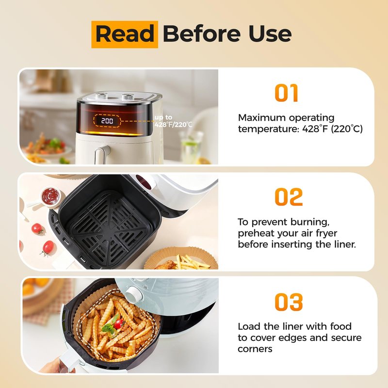 300 Pcs Air Fryer Paper Liners, 8" Square Air Fryer Liners Disposable, Heavy-duty Parchment Paper for 5-8 qt Airfryer Basket, Non-Stick & Grease Proof Baking Liner for Oven Pan