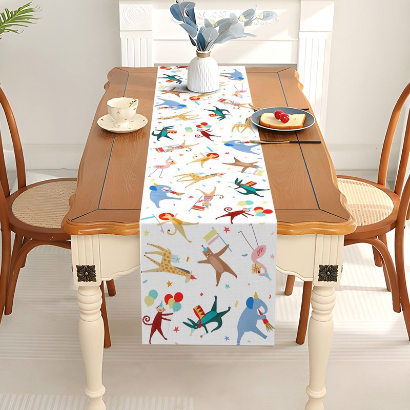 Pudodo Animal Parade Table Runner Jungle Animal Zoo Theme Birthday Party Baby Shower Kitchen Dining Room Home Decoration (13" x 72")