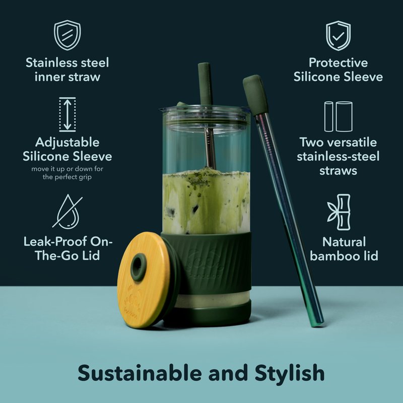 Pandaloo® Glass Cups With Lids and Straws -20 Fl Oz- Perfect Size Iced Coffee Cup - Smoothie Cup With Bamboo Lid and On the go Lid - Glass Tumbler With Straw (1 Count (Pack of 1), Amber Sand)