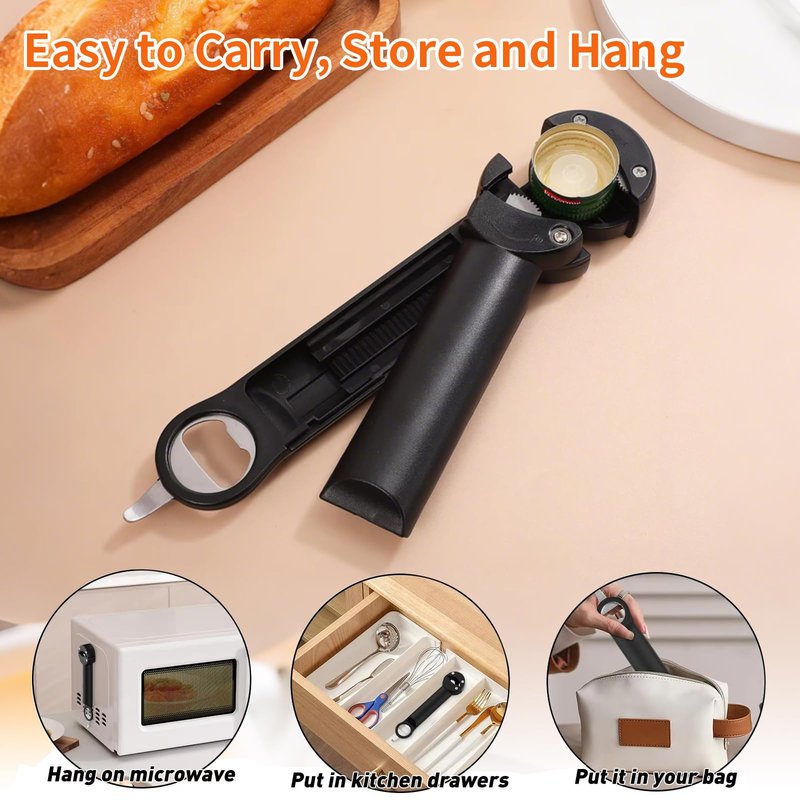 7 in 1 Jar Opener, Multifunctional Retractable Bottle Opener, Magnetic Can Opener, Suitable for Elderly People with Hand Weakness, Arthritis, Weak People, Kitchen Lid Opener, Black