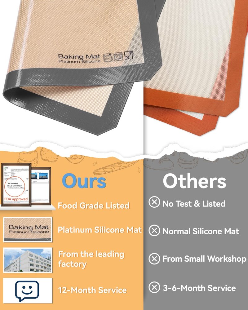 Silicone Baking Mat - Sopito Platinum Silicone - Non-Stick, Food Safe, Reusable Baking Sheet Liner, 5Pcs Set for Half Sheet Size Tray & Quarter Size Tray and 9'' Pizza pan, Grey