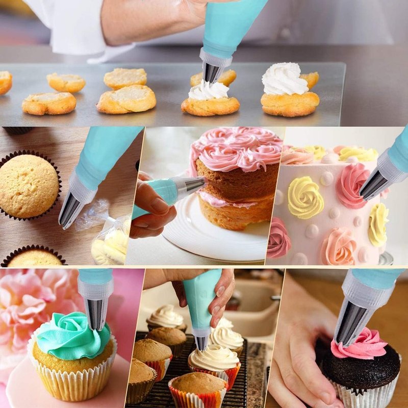 Piping Bags and Tips Set, 16" Reusable Piping Bags, Frosting Piping Kit for Baking with Pastry Bags and Tips, Standard Converters, Silicone Rings, Cake