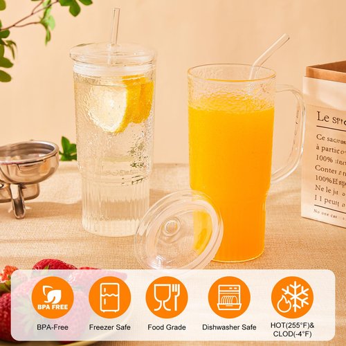 GOSCHE Glass Cups with Lids and Straws, 24oz Clear Iced Coffee Cups with Handle, Glass Tumbler with Straw and Lid for Smoothie Water Tea Juice, Clear, 2 Pack