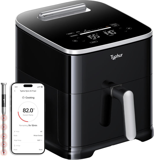 Typhur Sync 8QT AI Smart Air Fryer - 9-in-1 Non-Toxic Ceramic with Wireless Meat Thermometer | Cooks 6lb Chicken
