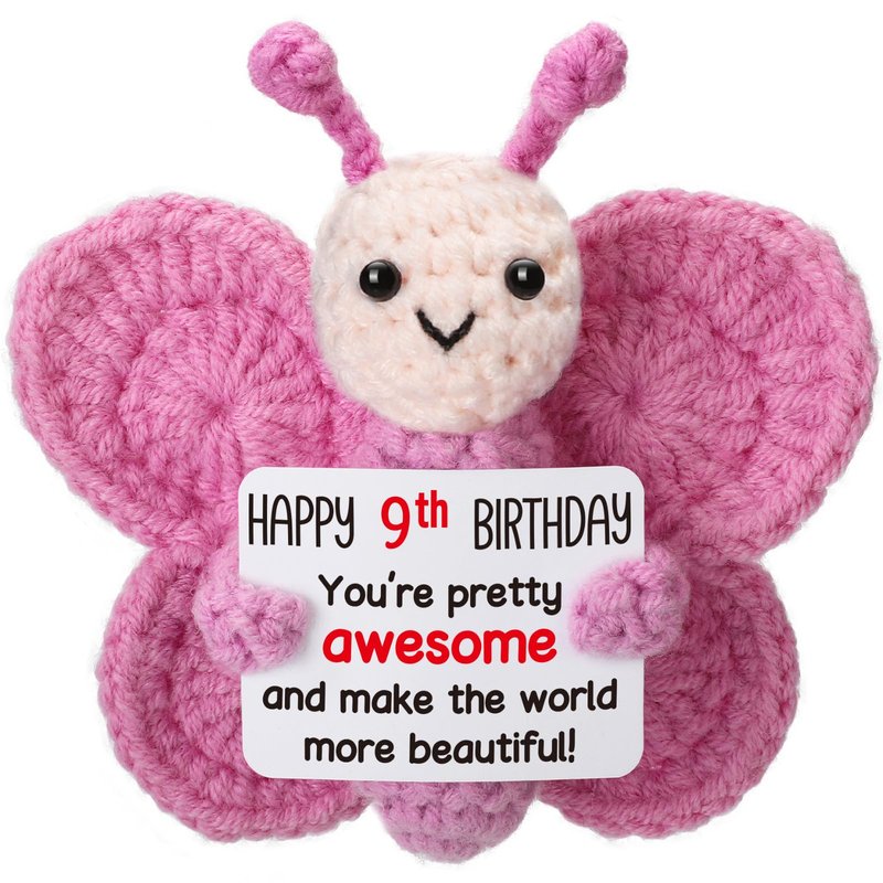 Weming Pink Crochet Butterfly 9th Birthday Gift, Handmade 4" Amigurumi Plush with “Happy 9th Birthday” Sign, Cute Small Stuffed Butterfly for Girls Daughter Granddaughter Tween Desk Decor
