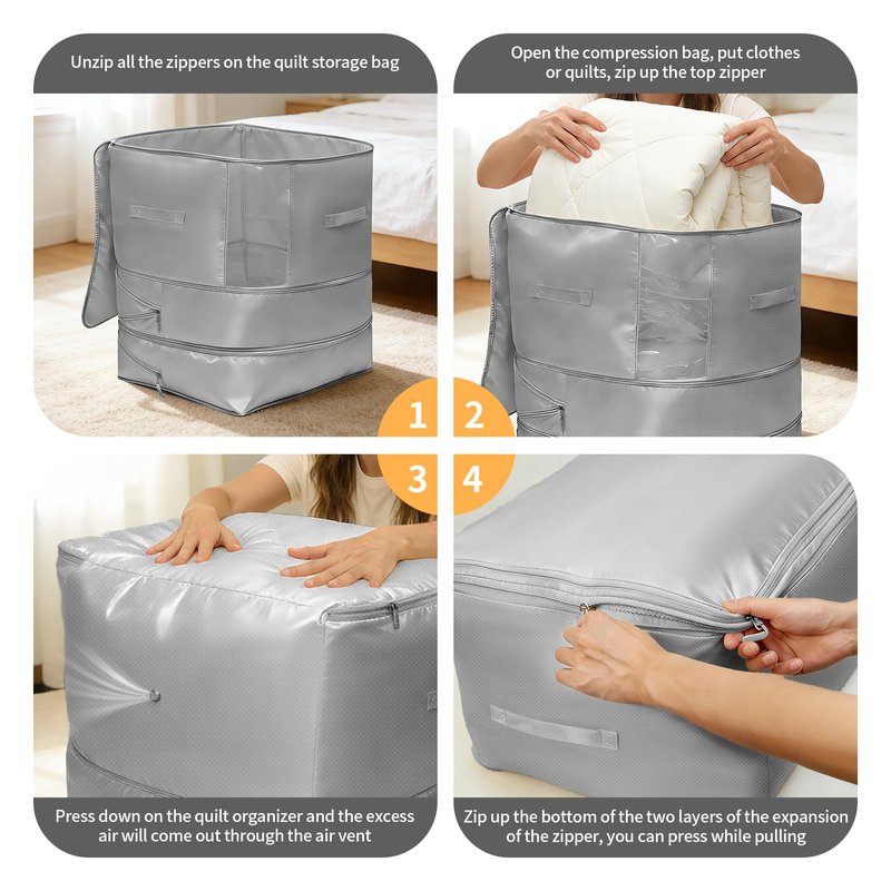2 Pack Upgrade Comforter Storage Bag with Handle, Space Saving 3-Layer Adjustable In 3 Sizes (142L, 107L, 71L), Compression Blanket Storage Bags, Washable Bedding Organizer For Pillow Duvet Clothing