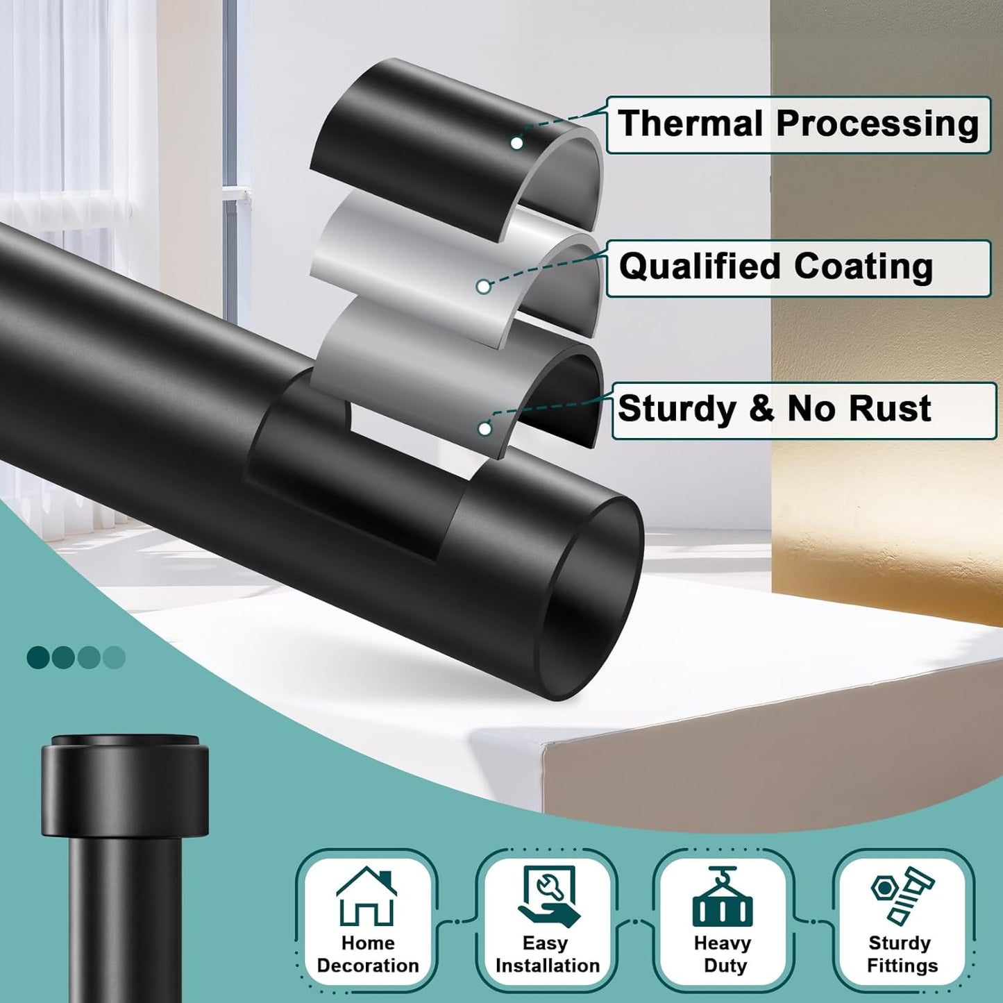 Skiennix Heavy Duty Adjustable Curtain Rod - 72-144 Inch, Modern Black Design, Easy Installation