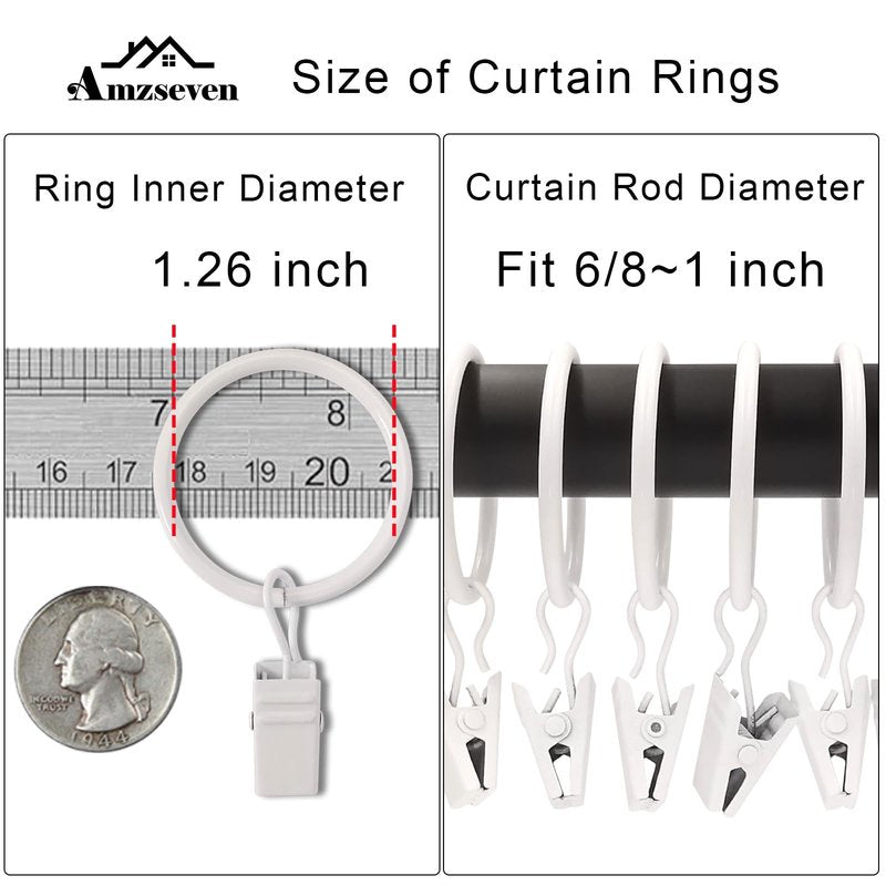 AMZSEVEN 40 Pack Curtain Rings with Clips, Drapery Clips with Rings, Drapes Rings 1.26 in Interior Diameter, Fits up to 1 in Curtain Rod, White